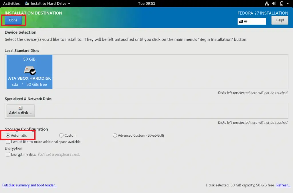 Install Fedora 27 Workstation - Automatic Partitioning