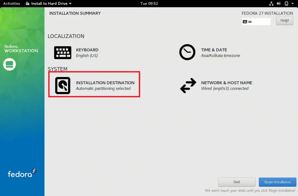 Install Fedora 27 Workstation - Begin Installation -
