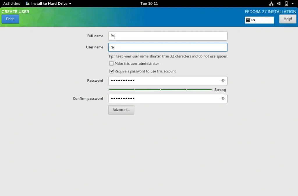 Install Fedora 27 Workstation - Create user