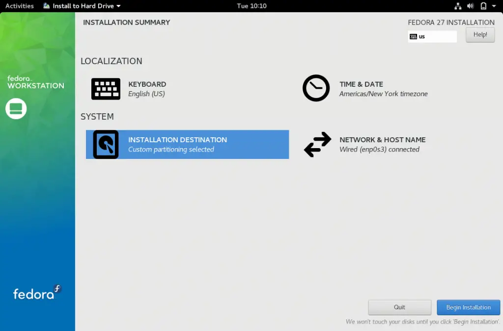 Install Fedora 27 Workstation -Custom Partiton