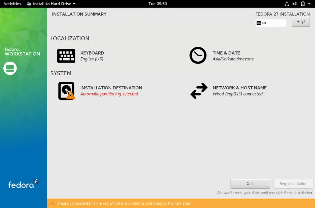 Install Fedora 27 Workstation - Installation Summary