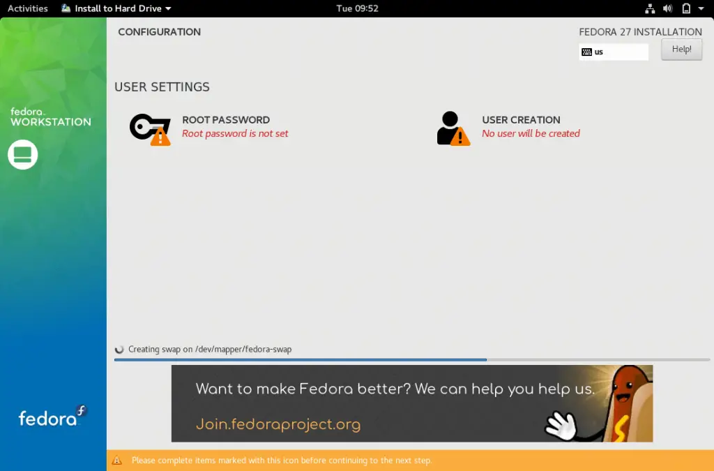 Install Fedora 27 Workstation - Installation is in Progress