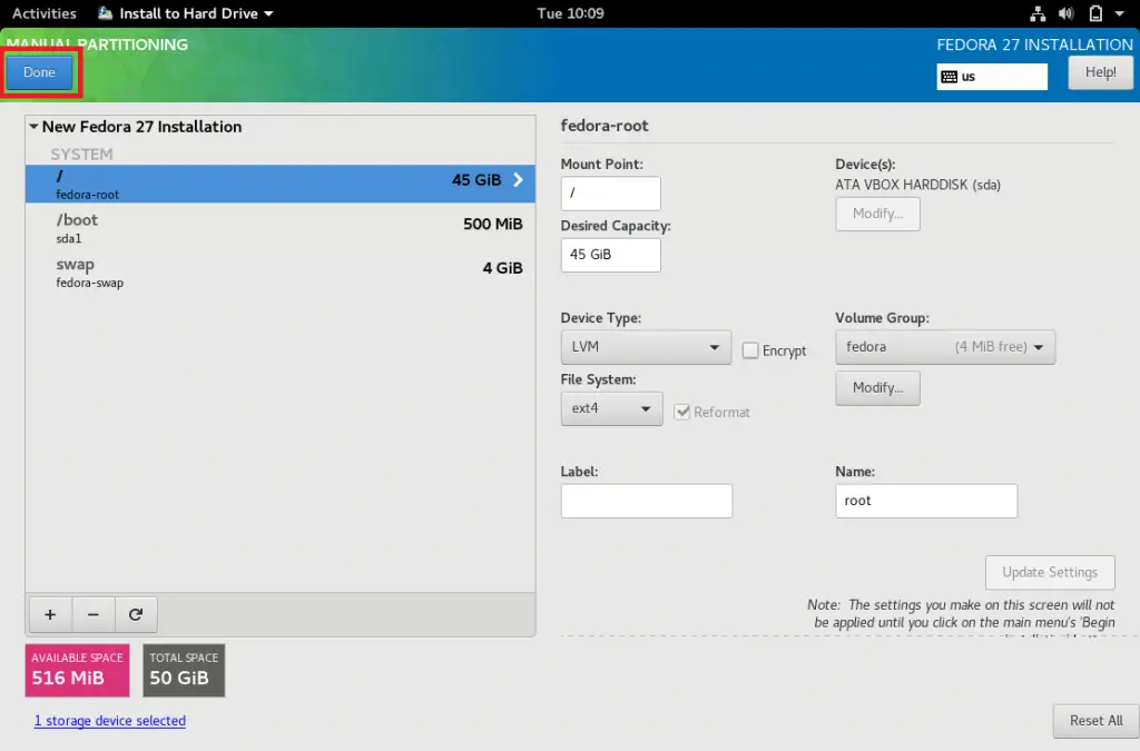Install Fedora 27 Workstation - Manual Partition Summary