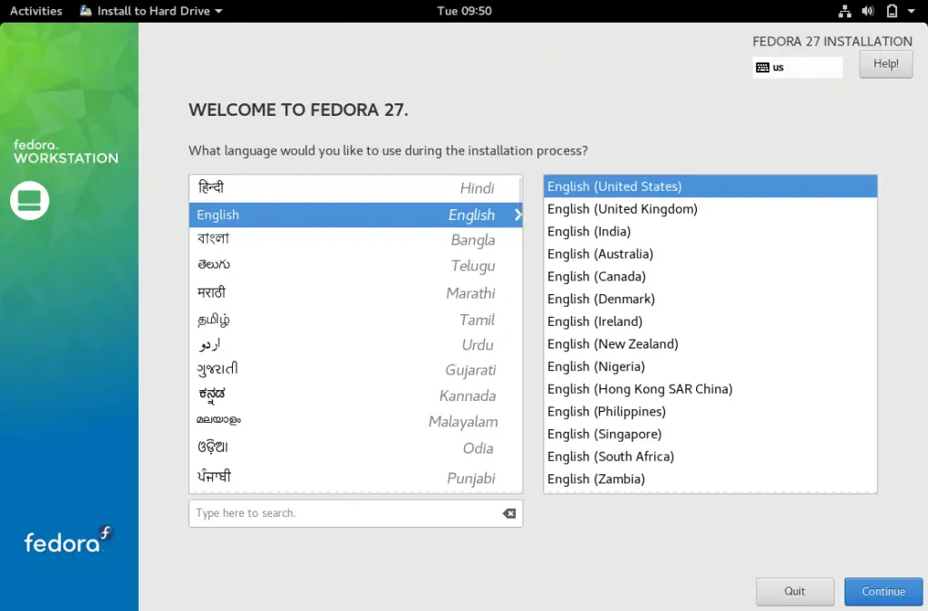 Install Fedora 27 Workstation - Select Language