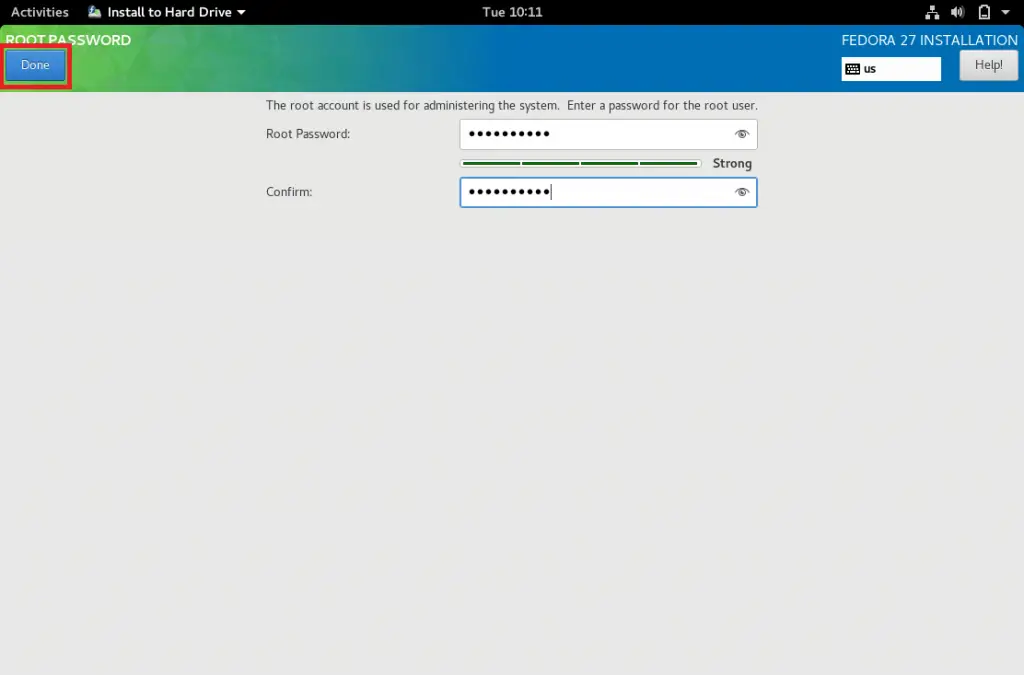 Install Fedora 27 Workstation - Set root password