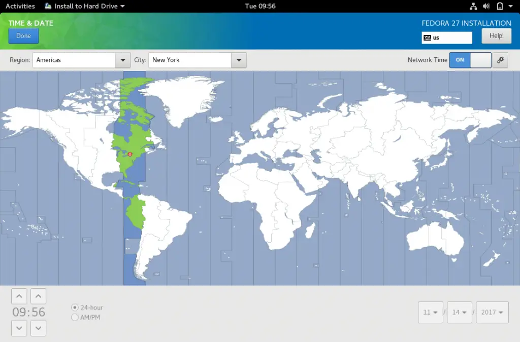 Install Fedora 27 Workstation - Time Zone