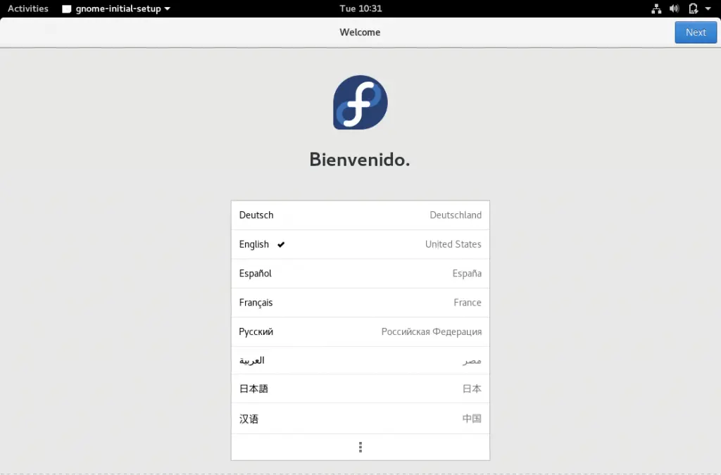 Fedora 27 Workstation Post Installation - Select Language