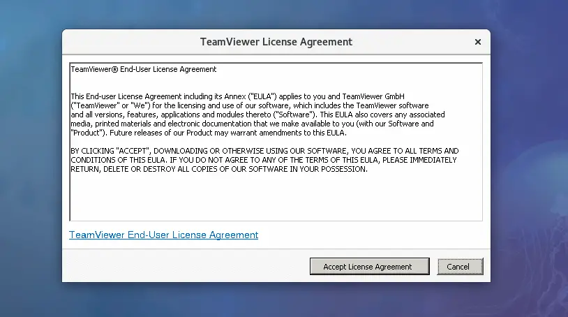Install TeamViewer on Fedora 27 - Accept TeamViewer License Agreement