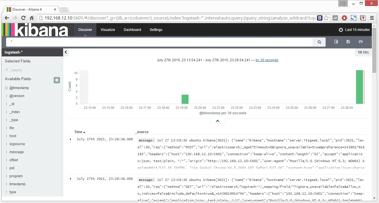 Install Elasticsearch, Logstash and Kibana 4 on Ubuntu 14.04 - Kibana Discover the Logs