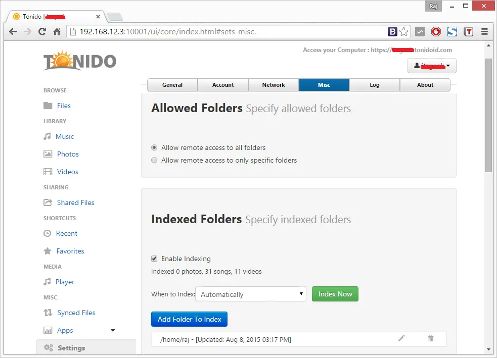 Install Tonido - Manual Indexing