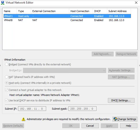 VMware Network Editor - Change Settings