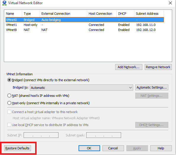 VMware Network Editor - Restore Default