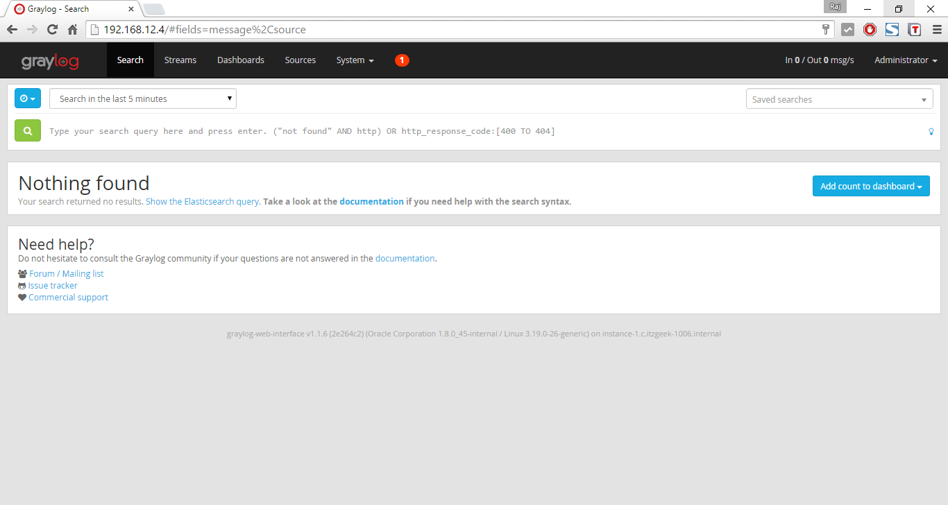 Install Graylog2 on Ubuntu 15.04 - Search Page