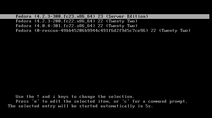 Fedora Server Ugrade - GRUB Menu With Fedora 23 Title