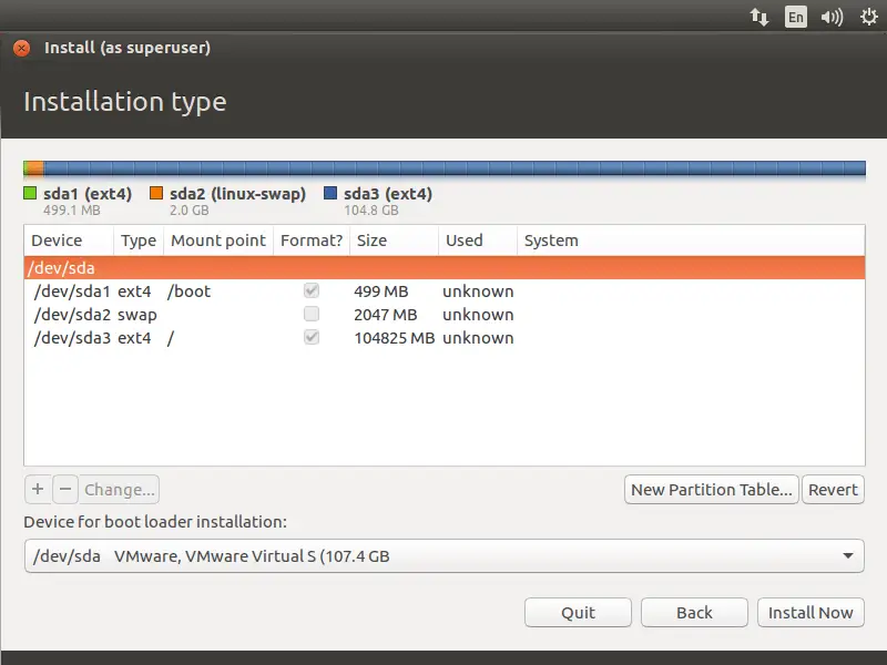 Install Ubuntu 16.04 - Partition List