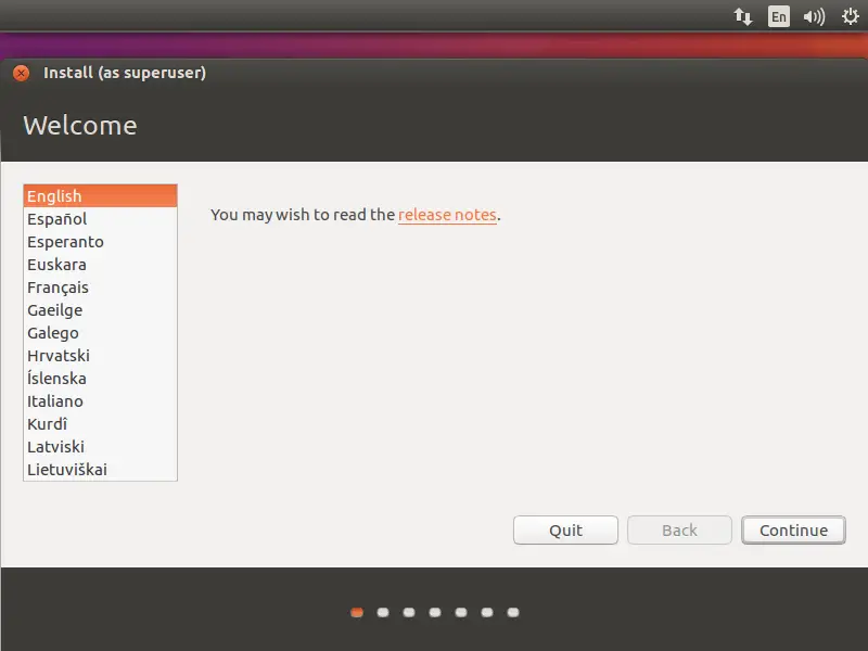 Install Ubuntu 16.04 - Welcome Screen