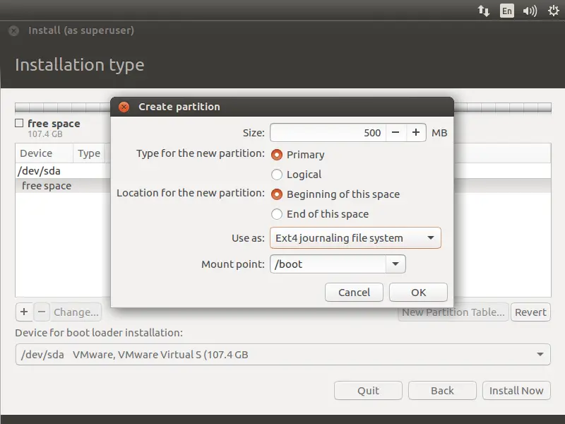 Install Ubuntu 17.04 - boot partition