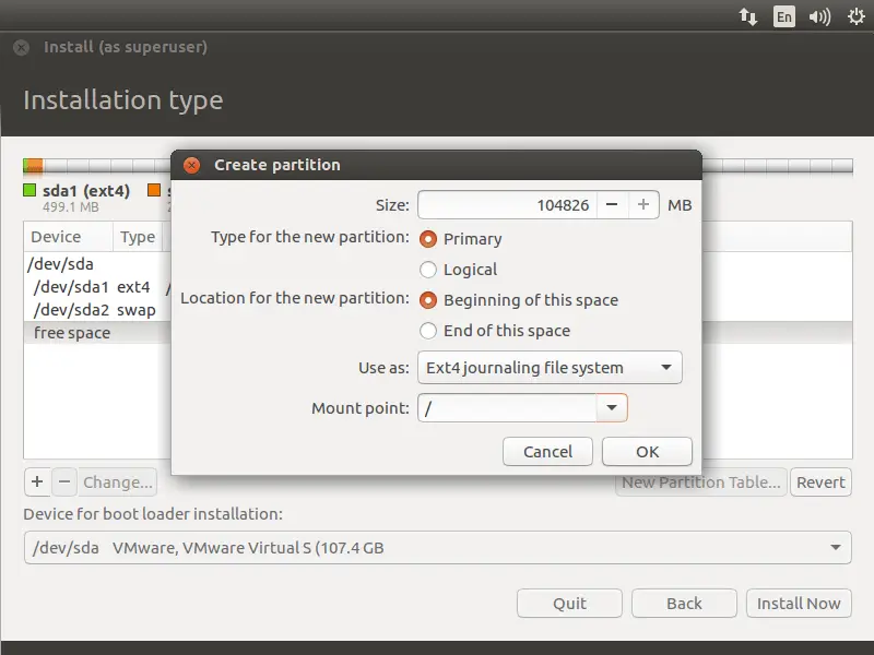 Install Ubuntu 17.04 - root partition