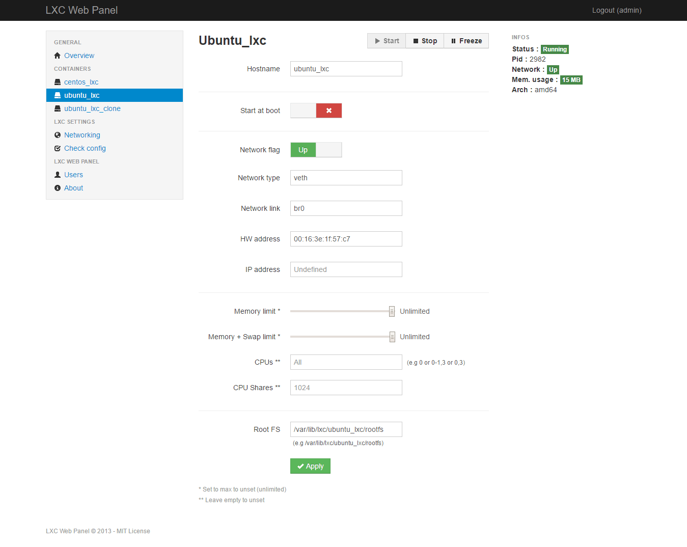 Manage LXC Container with LXC Web Panel - Container Information