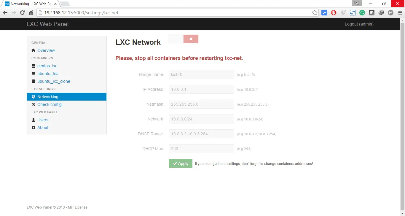 Manage LXC Container with LXC Web Panel - Networking