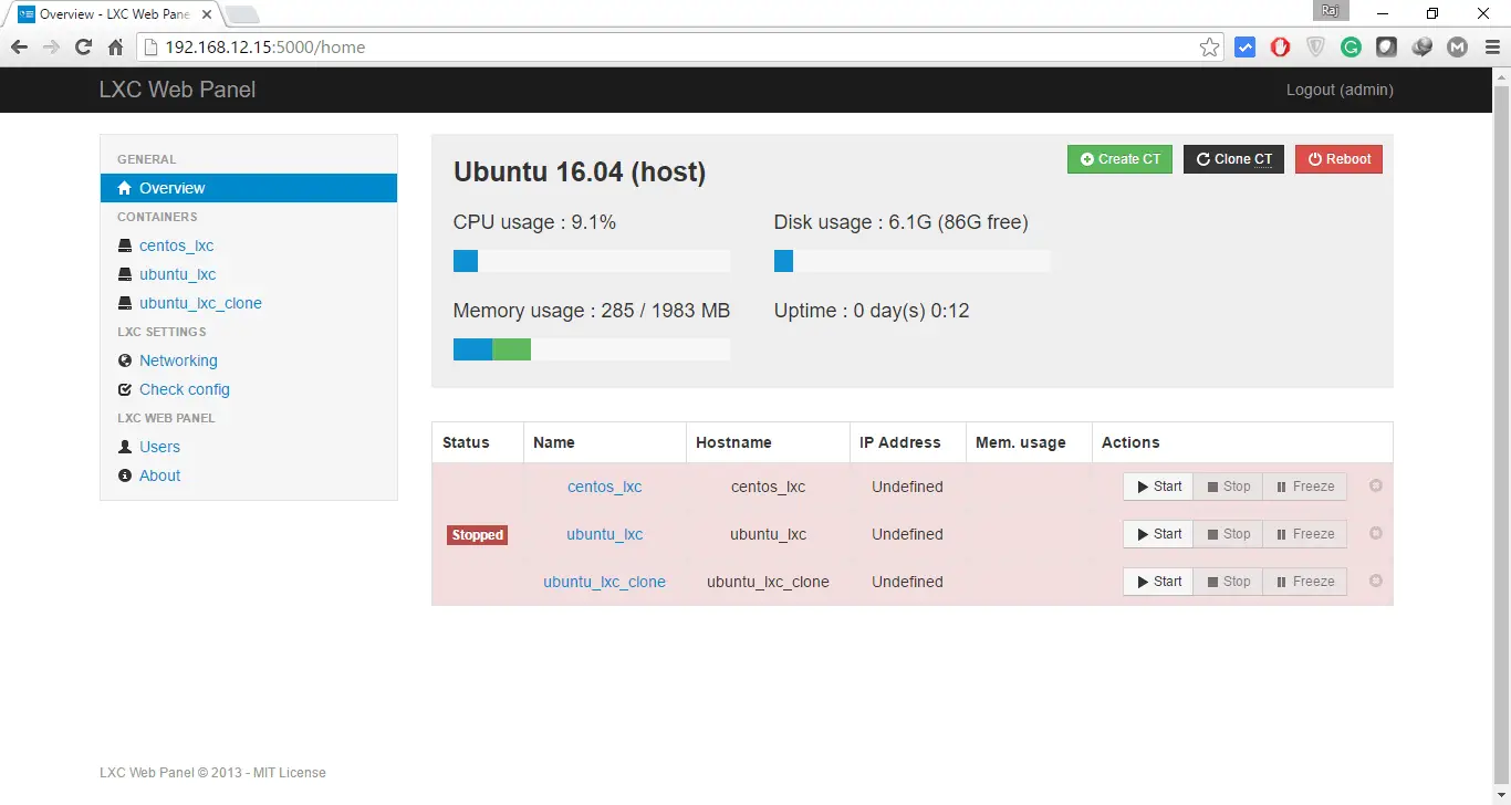 Manage LXC Container with LXC Web Panel - Overview