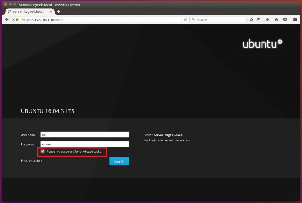 Install Cockpit on Ubuntu 16.04 - Log in to Cockpit