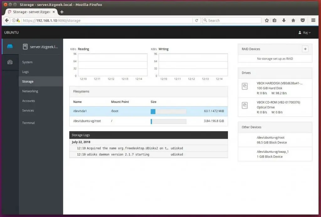 Install Cockpit on Ubuntu 16.04 - Manage Storage