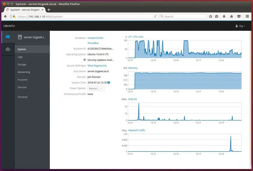 Install Cockpit on Ubuntu 16.04 - System Information