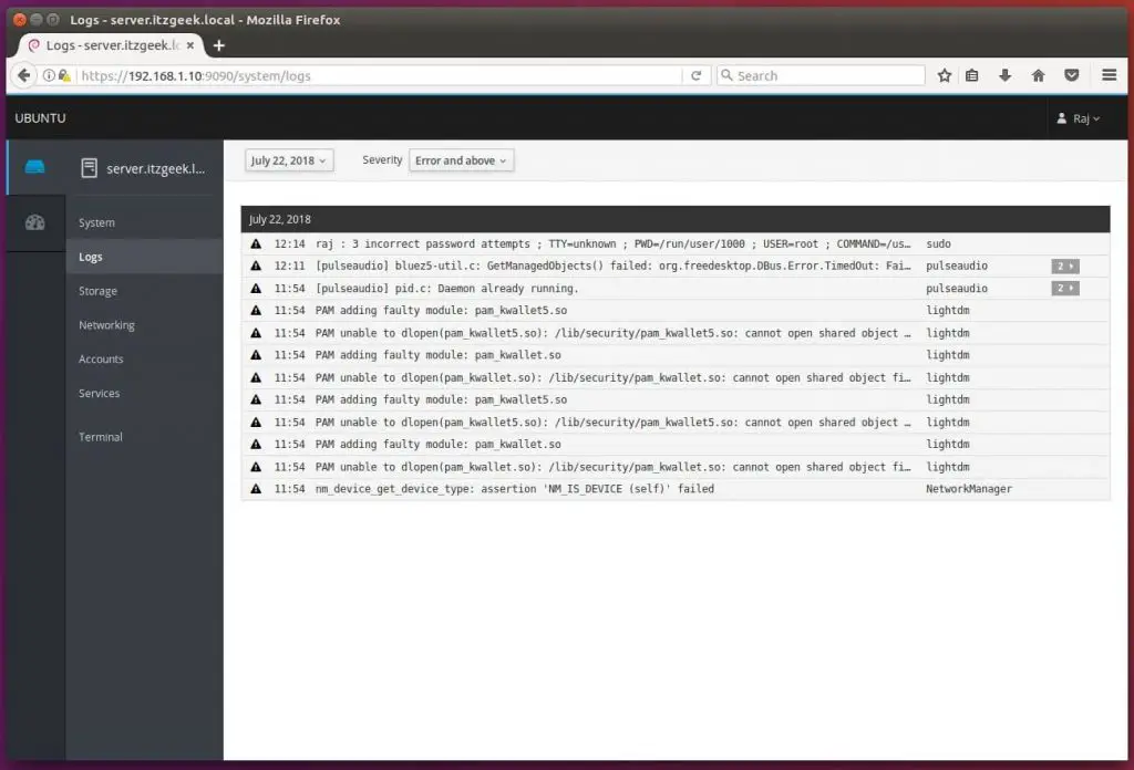 Install Cockpit on Ubuntu 16.04 - View System Logs