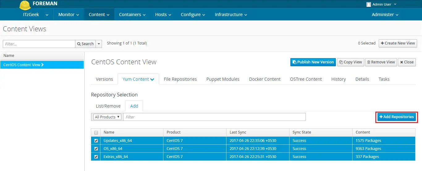 Configure Katello - Adding Repositories to content view