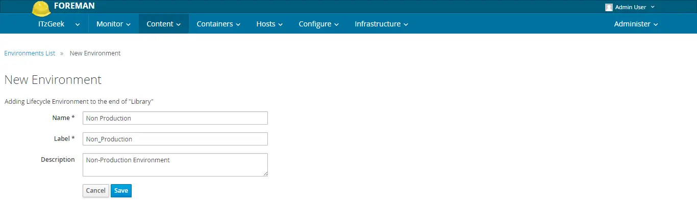 Configure Katello - Create Non Production Environment