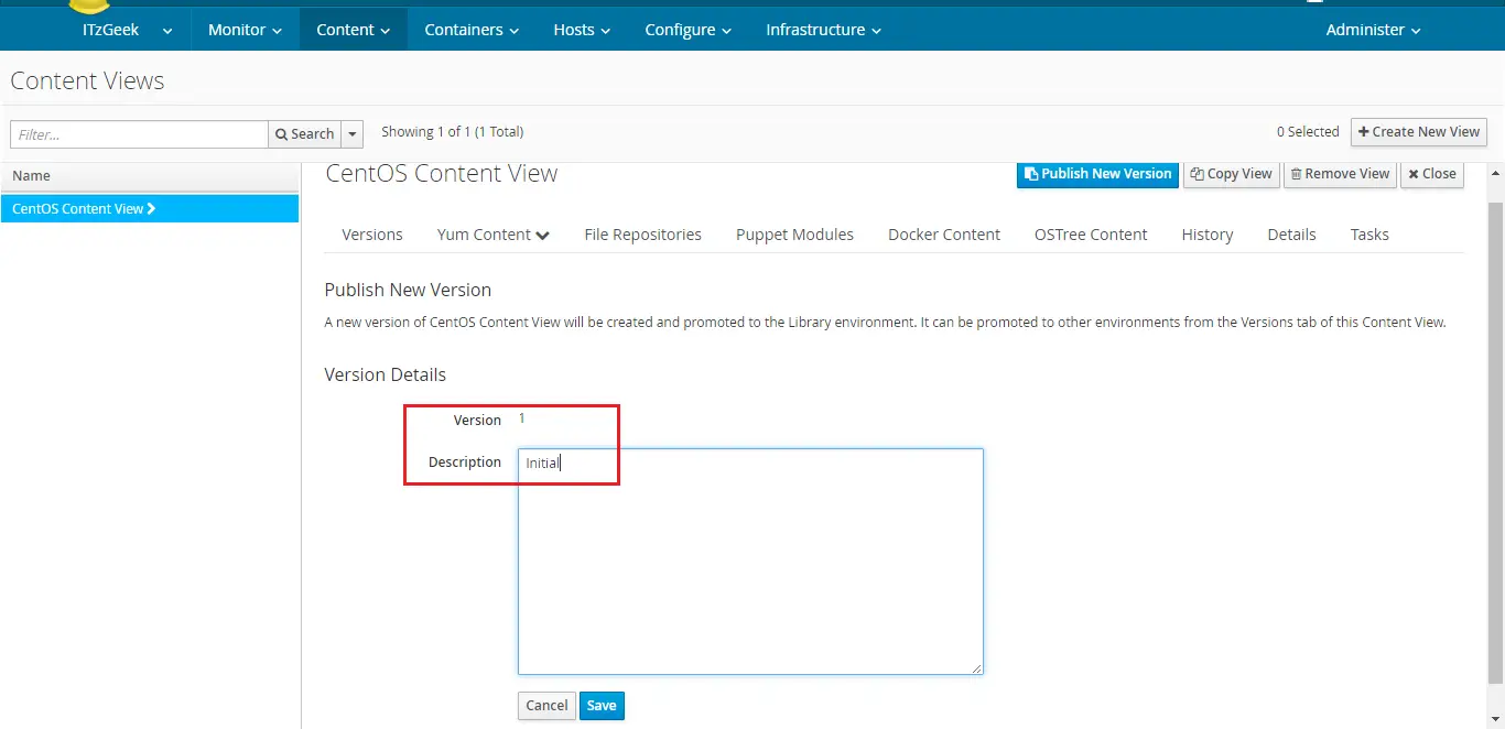 Configure Katello - Publish New Version - version 1