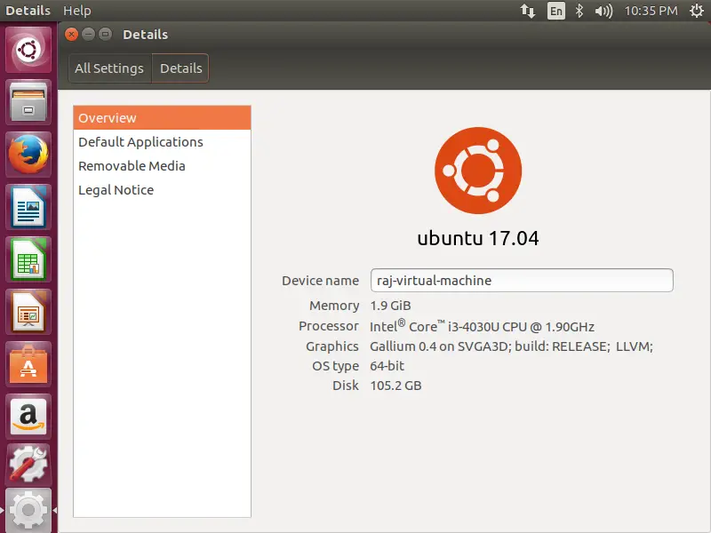 Install Ubuntu 17.04 - About This Computer