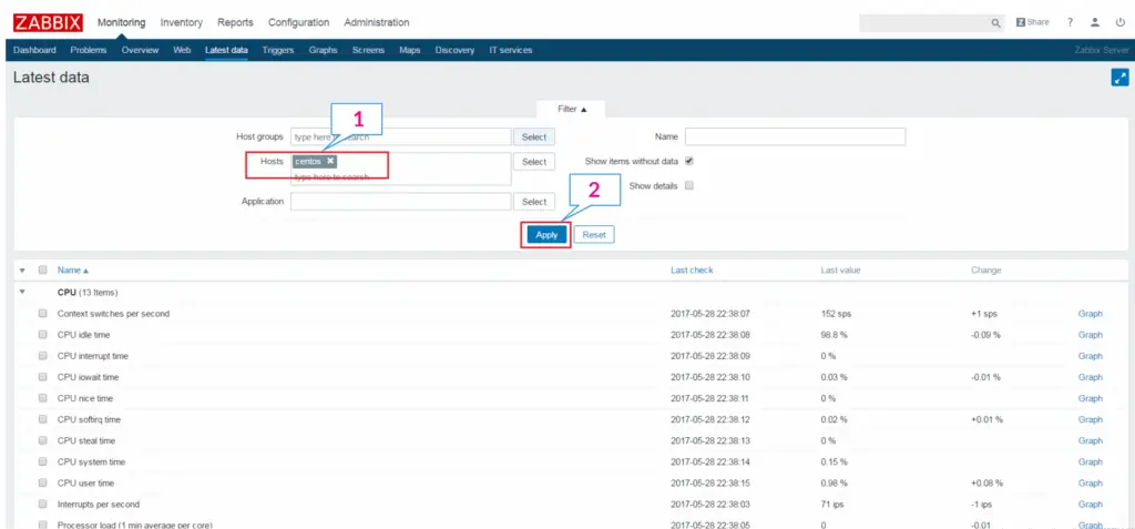 Add a Node to Zabbix Server for Monitoring - Latest data of hosts