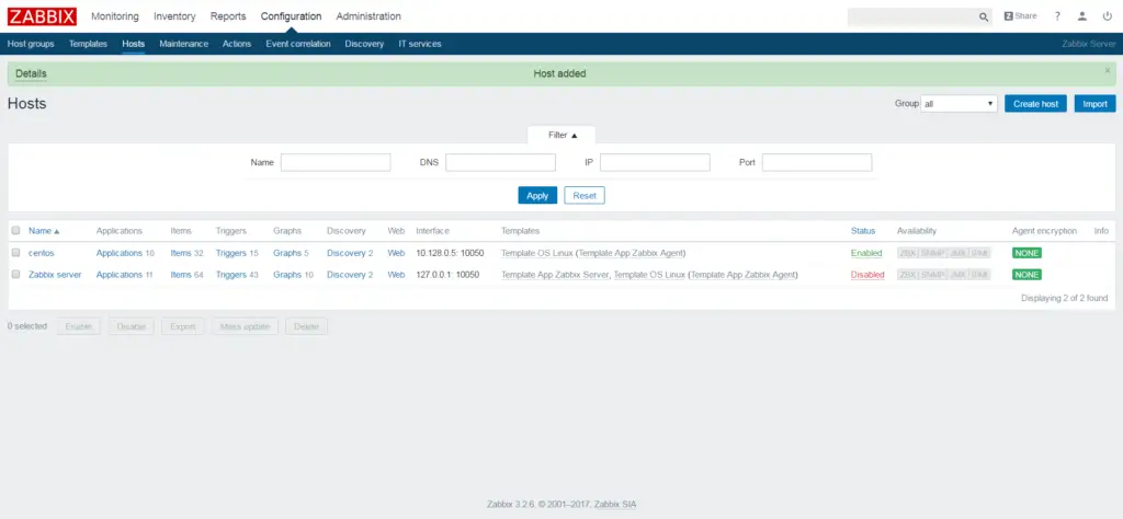 Add a Client Node to Zabbix Server for Monitoring - List of Hosts