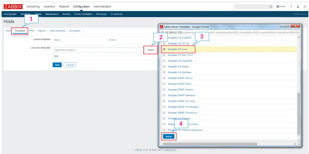 Add a Node to Zabbix Server for Monitoring - Search Zabbix Templates