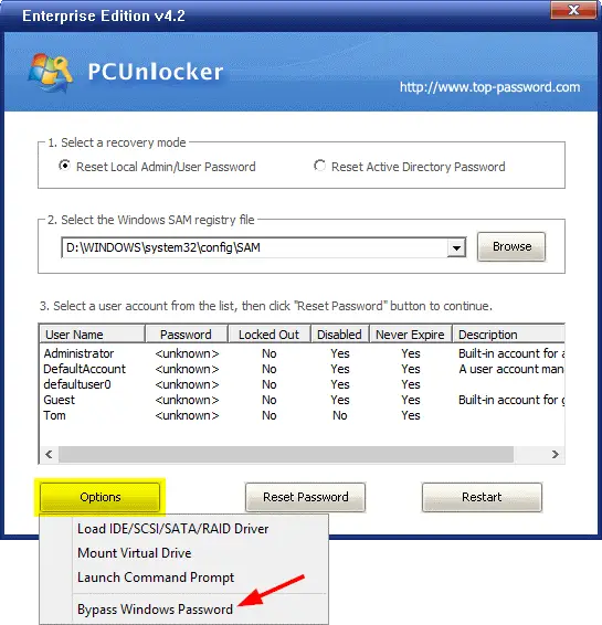 Bypass Windows 7 Password - PC Unlocker ByPass password