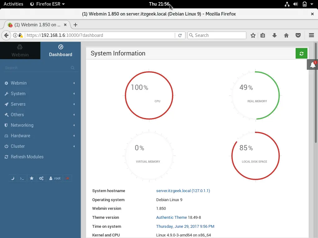 Install Webmin on Debian 9 - Webmin Dashboard