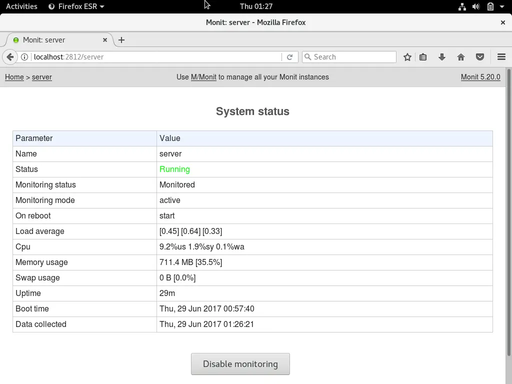 Install and use Monit on Debian 9 - Detailed status of Monit server