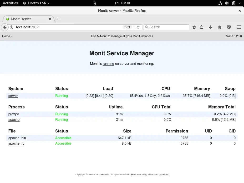 Install and use Monit on Debian 9 - Monitor Apache2 service using Monit Templates