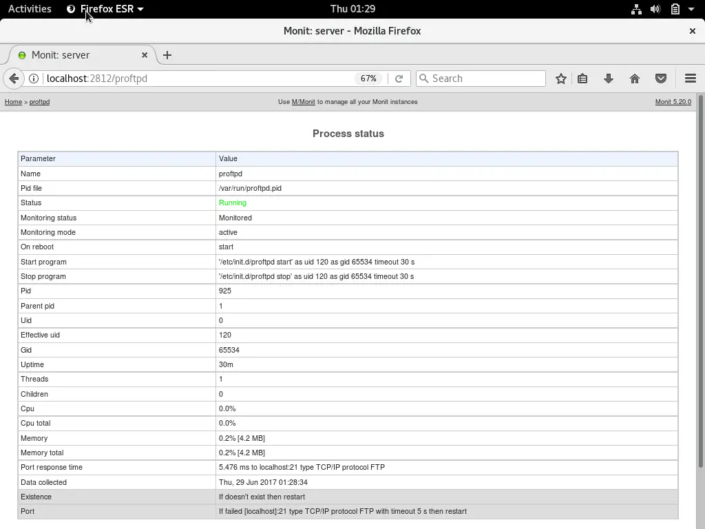 Install and use Monit on Debian 9 - Status of proftpd service