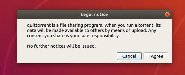 Install qBittorrent on Ubuntu 18.04 - Accept qBittorrent's Legal Notice on Ubuntu 18.04