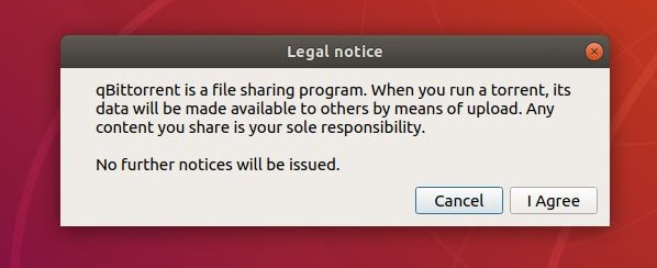 Install qBittorrent on Ubuntu 18.04 - Accept qBittorrent's Legal Notice on Ubuntu 18.04