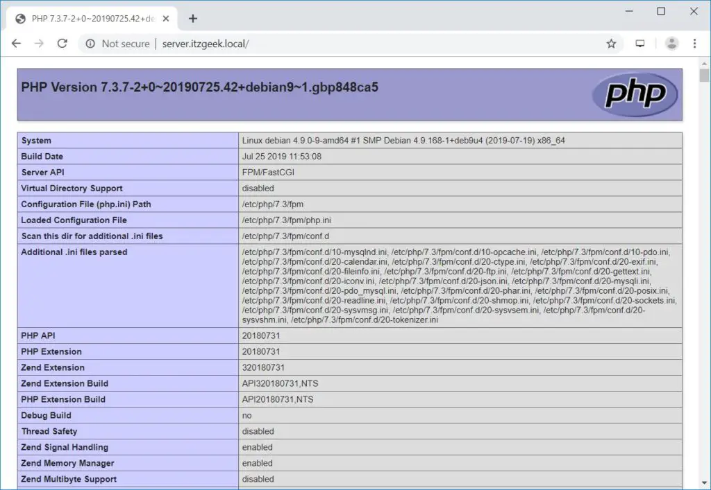 Install Nginx, MariaDB, PHP (LEMP stack) on Debian 9 - PHPInfo Page