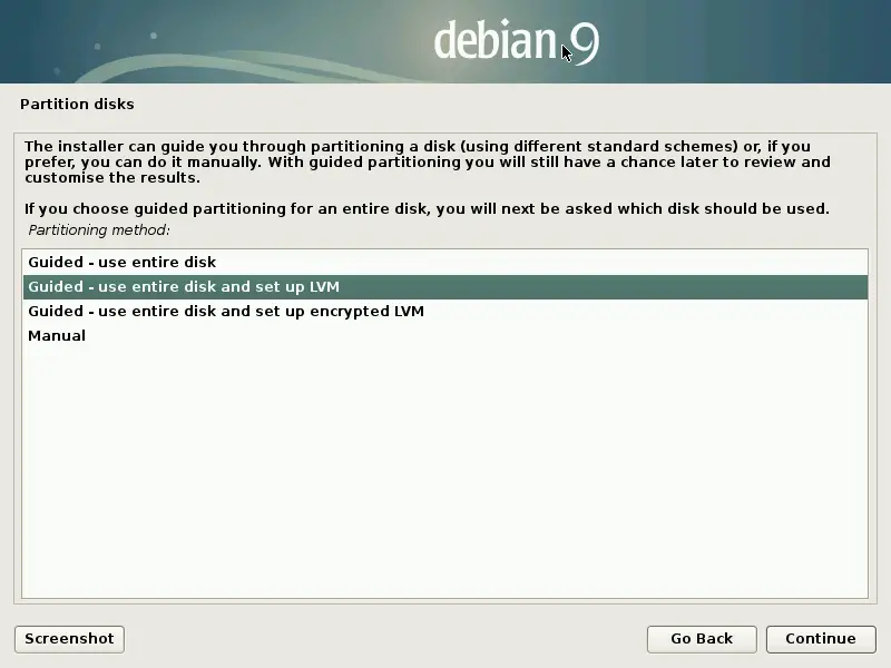 Install Debian 9 Stretch - Choose Partitioning Method