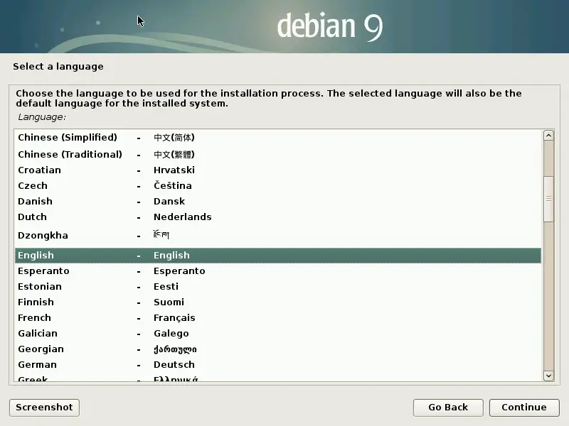 Install Debian 9 Stretch - Select a Language