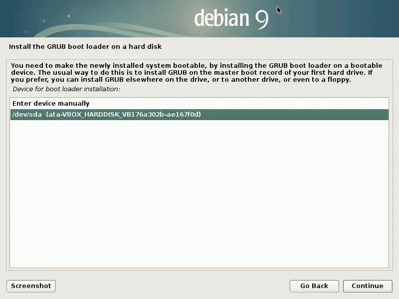 Install Debian 9 Stretch - Select the disk for GRUB