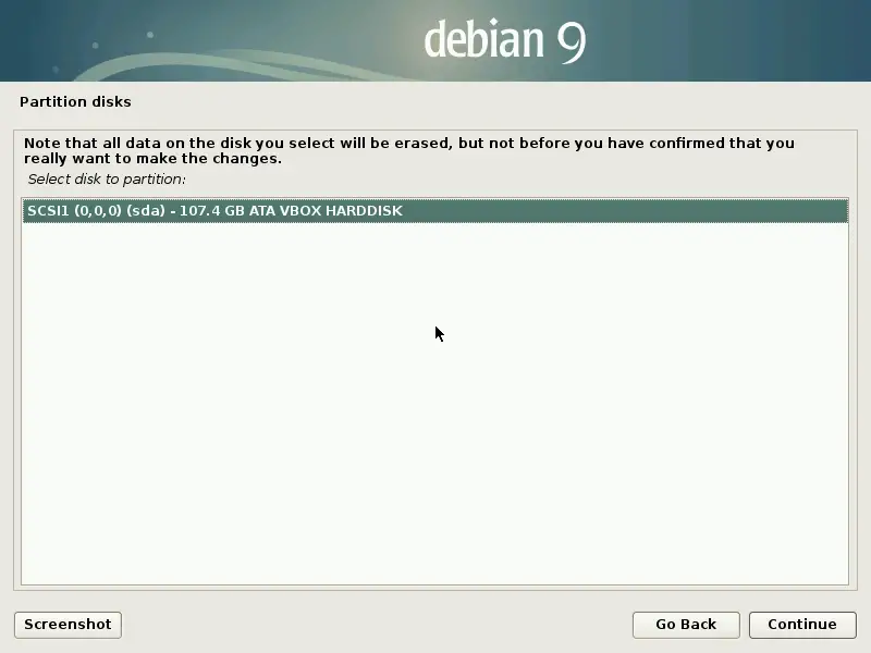 Install Debian 9 Stretch - Select the disk