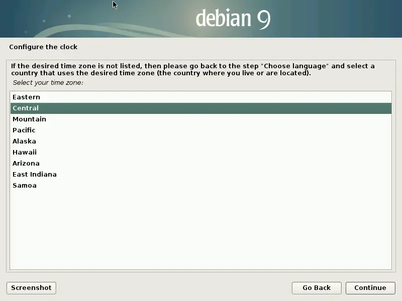 Install Debian 9 Stretch - Select the timezone