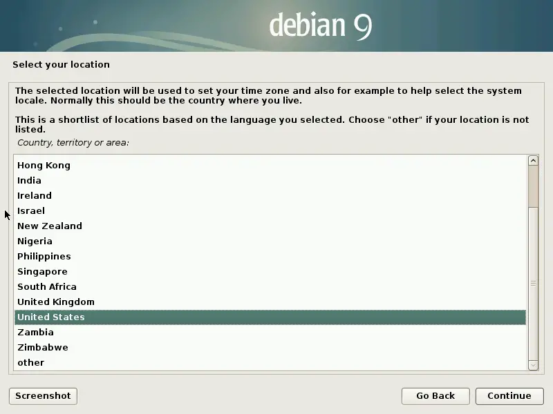 Install Debian 9 Stretch - Select your Location